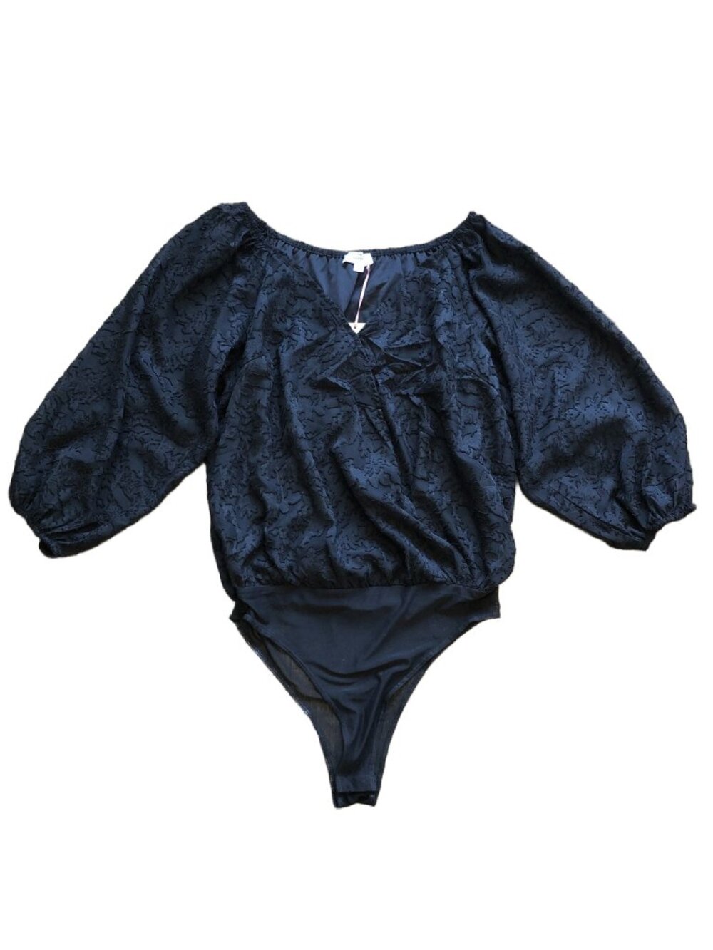 entro Black Poofy Stretch Embroidered Mesh Longsleeve Bodysuit